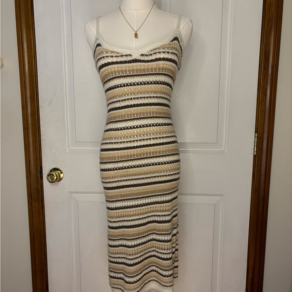 Olive & Oak Cream and Brown Striped Knit Midi Dress